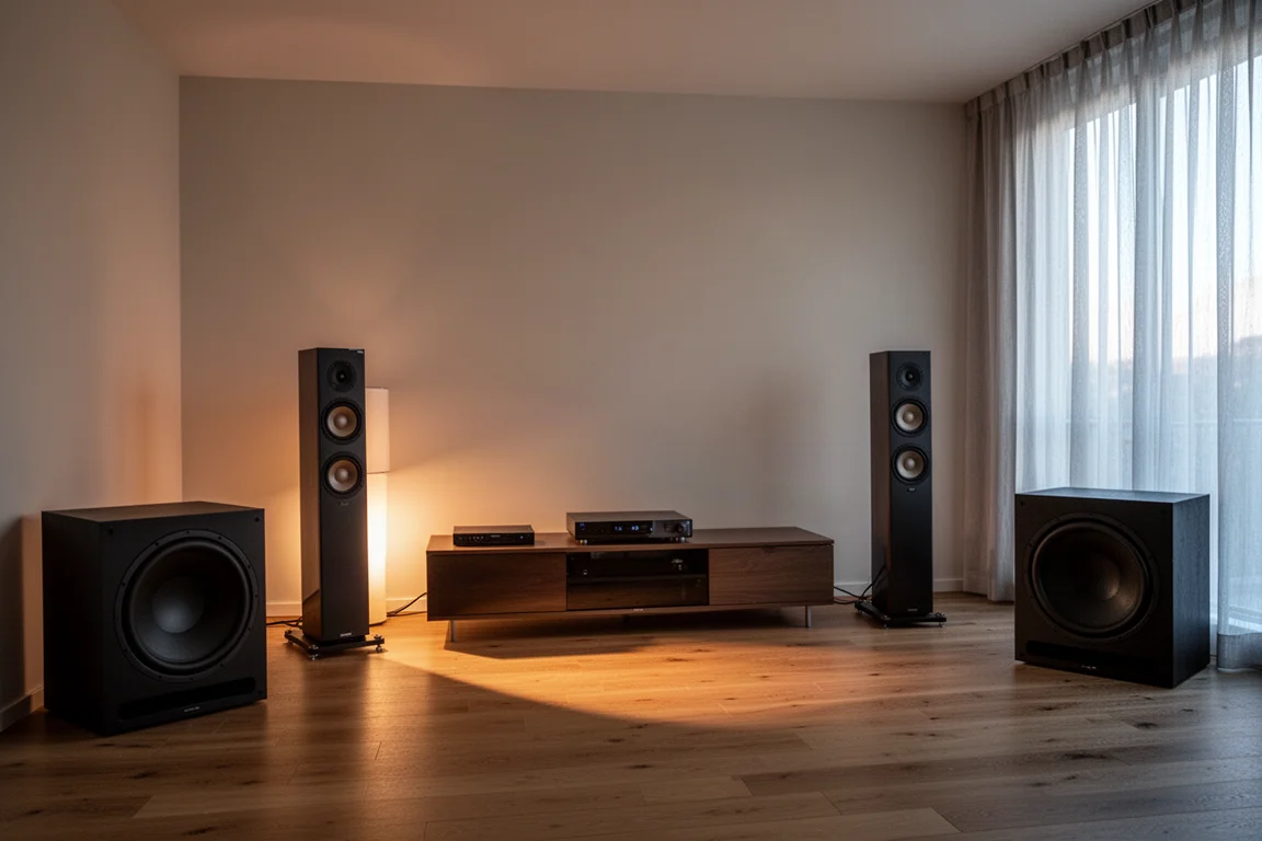 Sala de escucha moderna al atardecer con torres y dos subwoofers a lo largo de la pared frontal