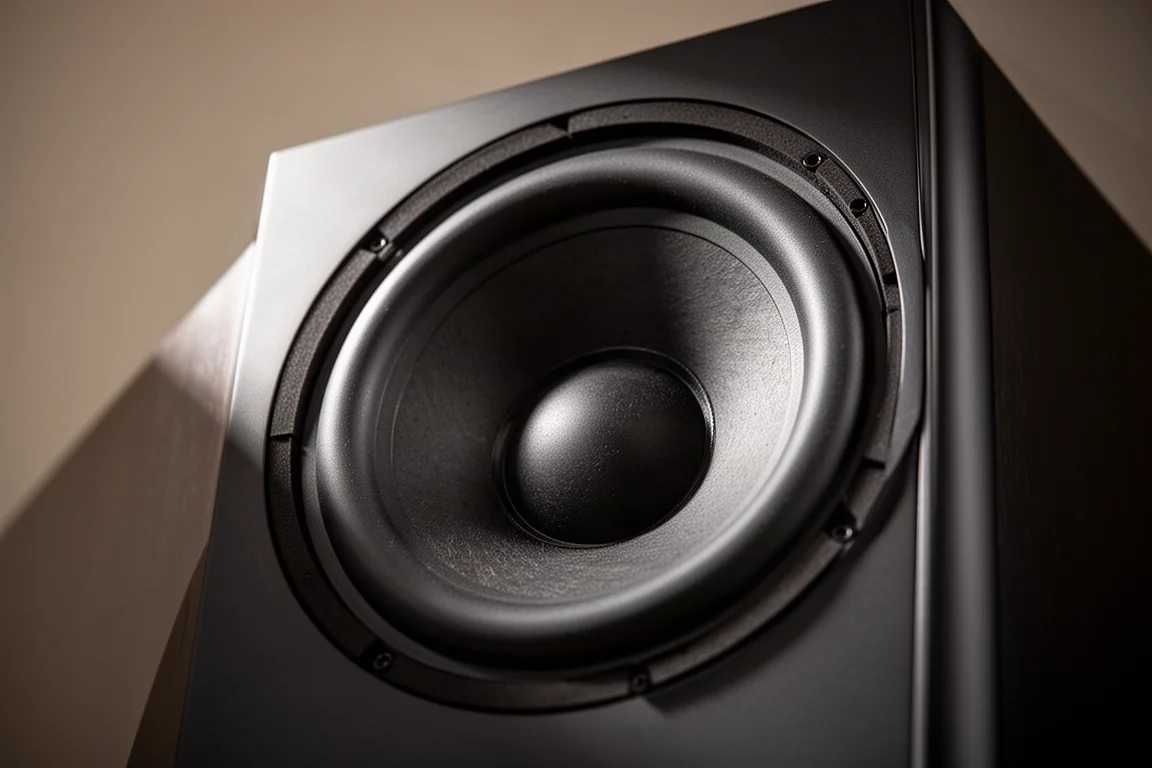 Primer plano de un driver de subwoofer grande con suspensión gruesa en un gabinete oscuro