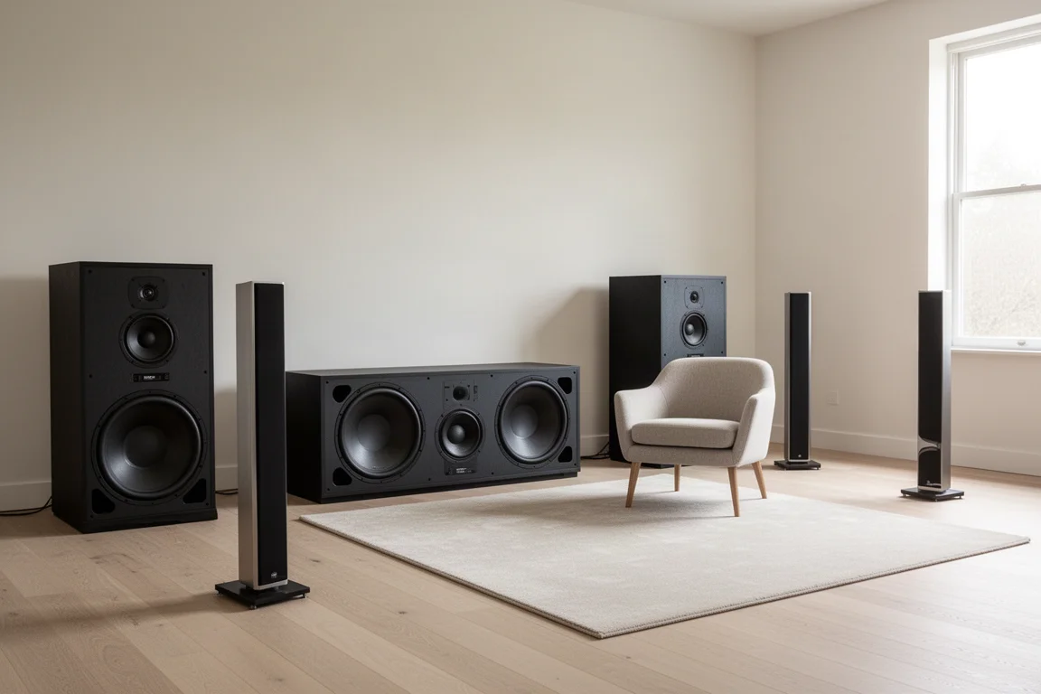 Subwoofers a lo largo de la pared frontal con altavoces de suelo separados de la pared