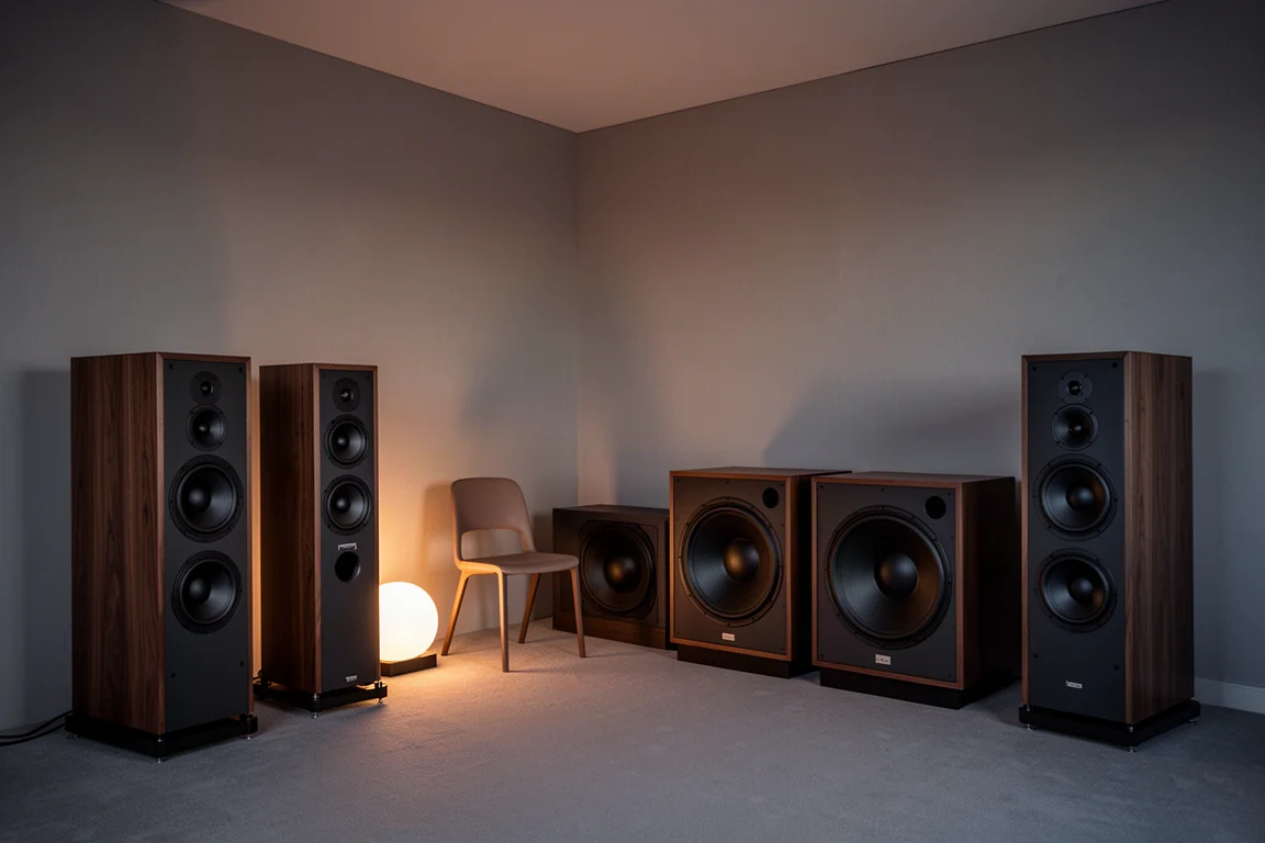 Sala de escucha tranquila al atardecer con altavoces, subwoofers y una lámpara cálida