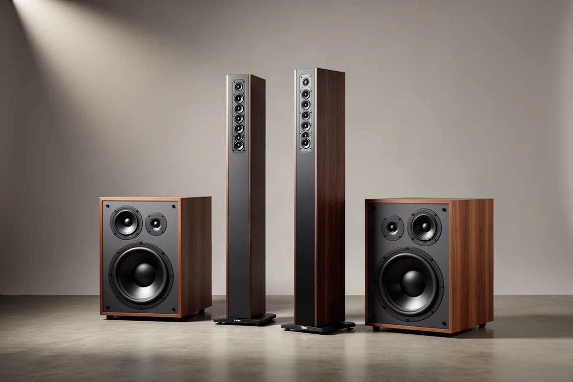 Perlisten R5t towers and R18 subwoofers arranged on a concrete floor