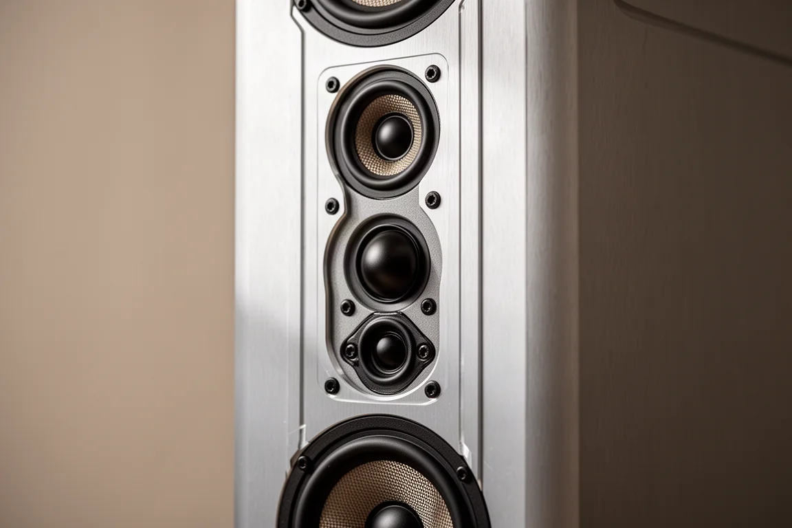 Close-up of a machined aluminium speaker baffle holding a vertical driver array