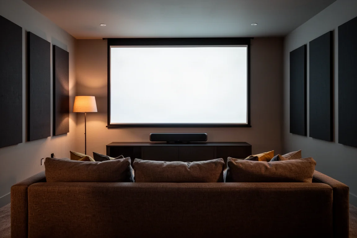 Dimly lit home theater room with a low sofa, glowing screen and center channel speaker