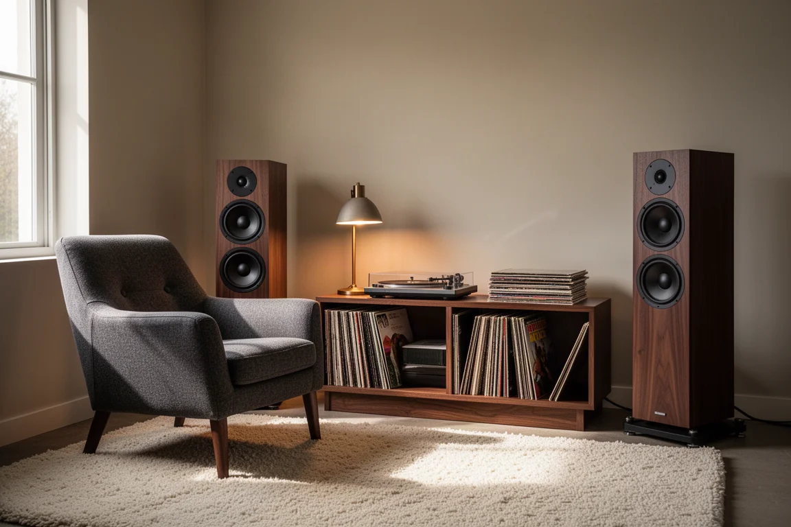 Quiet listening room with armchair, tall speakers, record shelf and warm lamp light