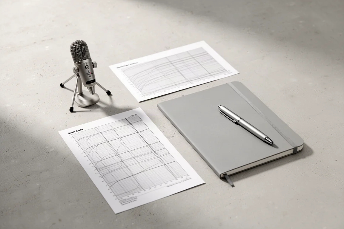 Overhead flat-lay of a measurement microphone, notebook and pen on concrete
