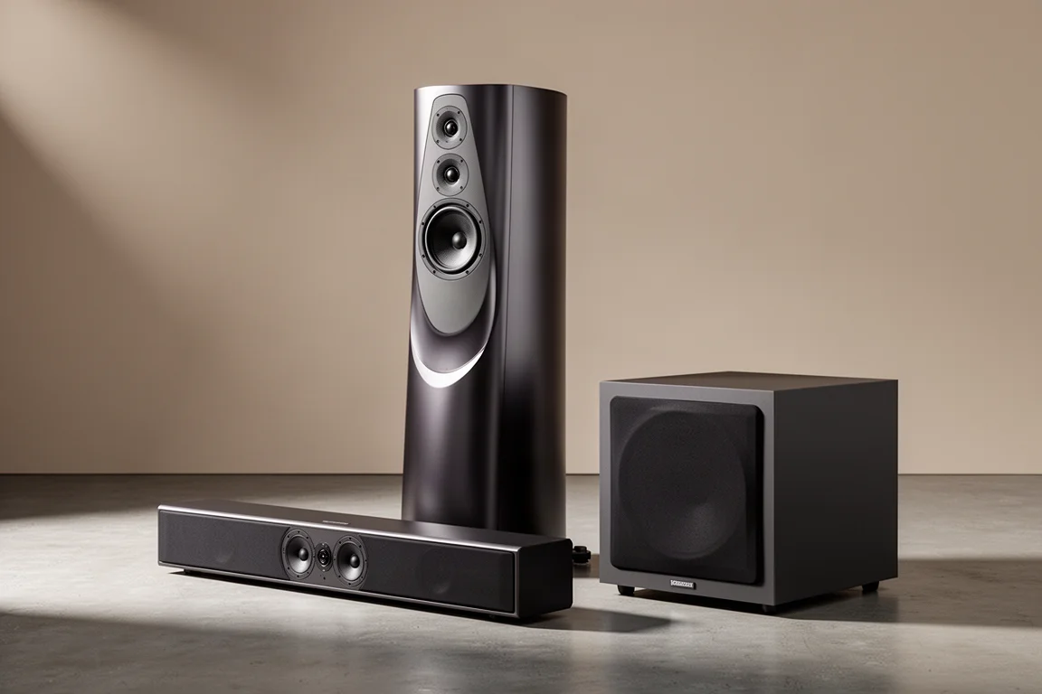 Tall dark floorstanding speaker beside a center channel speaker and large subwoofer on concrete