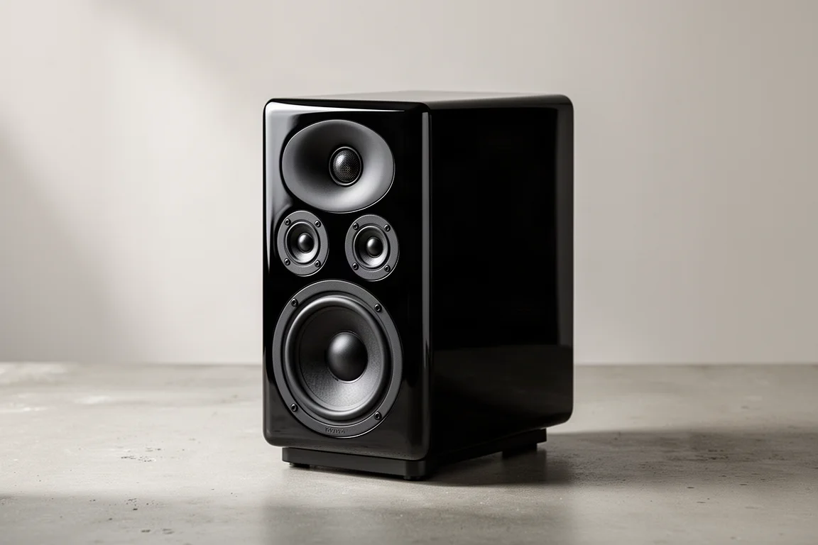 Gloss black three-way bookshelf loudspeaker with tweeter waveguide on concrete