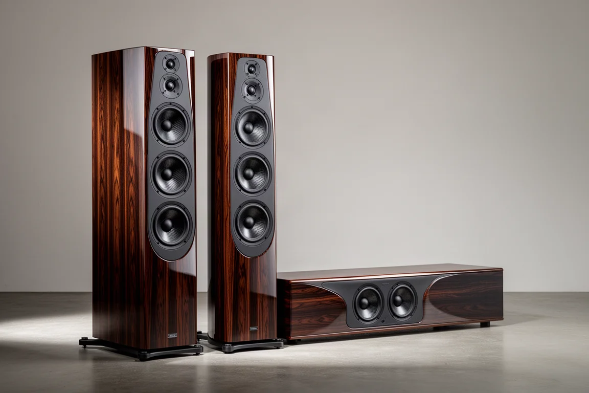 Pair of tall floorstanding speakers and a low center channel cabinet on a concrete floor