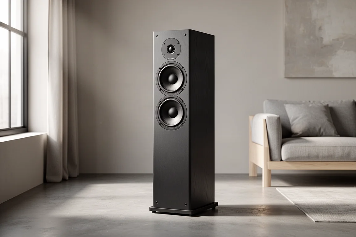 Tall matte black floorstanding tower speaker in a refined neutral living room
