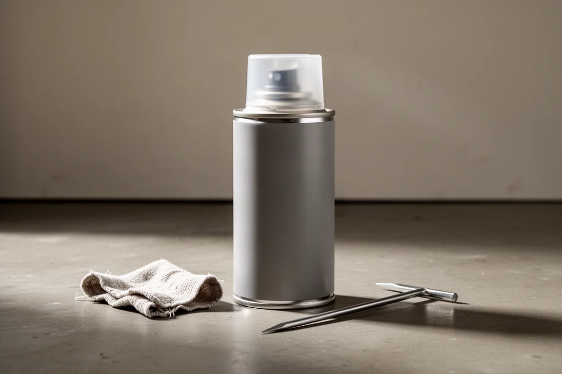 Aerosol spray sealant can on a concrete garage floor beside a rag and pick tool