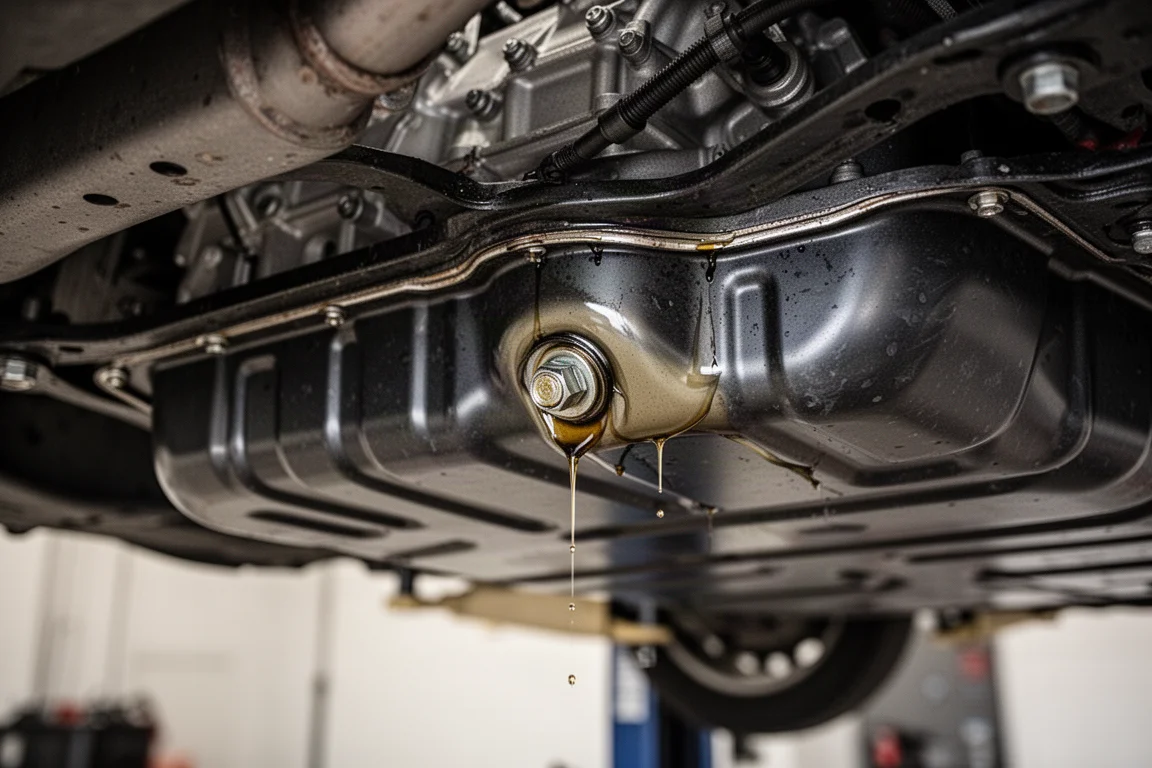 Onderaanzicht van een vrachtwagenmotor met een oliepan en trage olieseepage rond een achterste bout