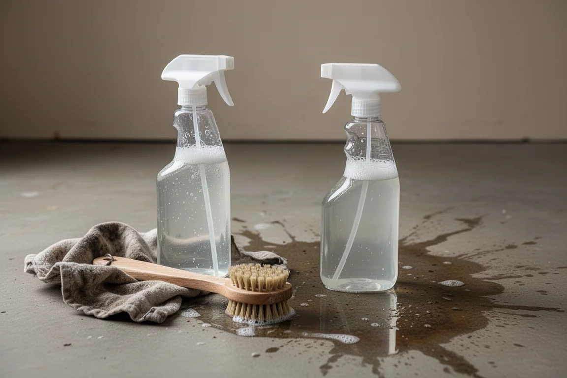 Spuitfles afwasmiddel en klein borsteltje om het oliepangebied schoon te maken