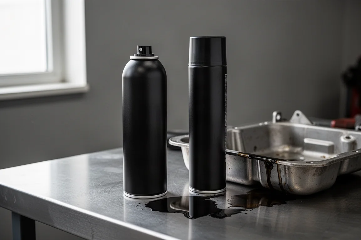 Aerosol can of automotive spray sealant on a workbench next to an oil pan part