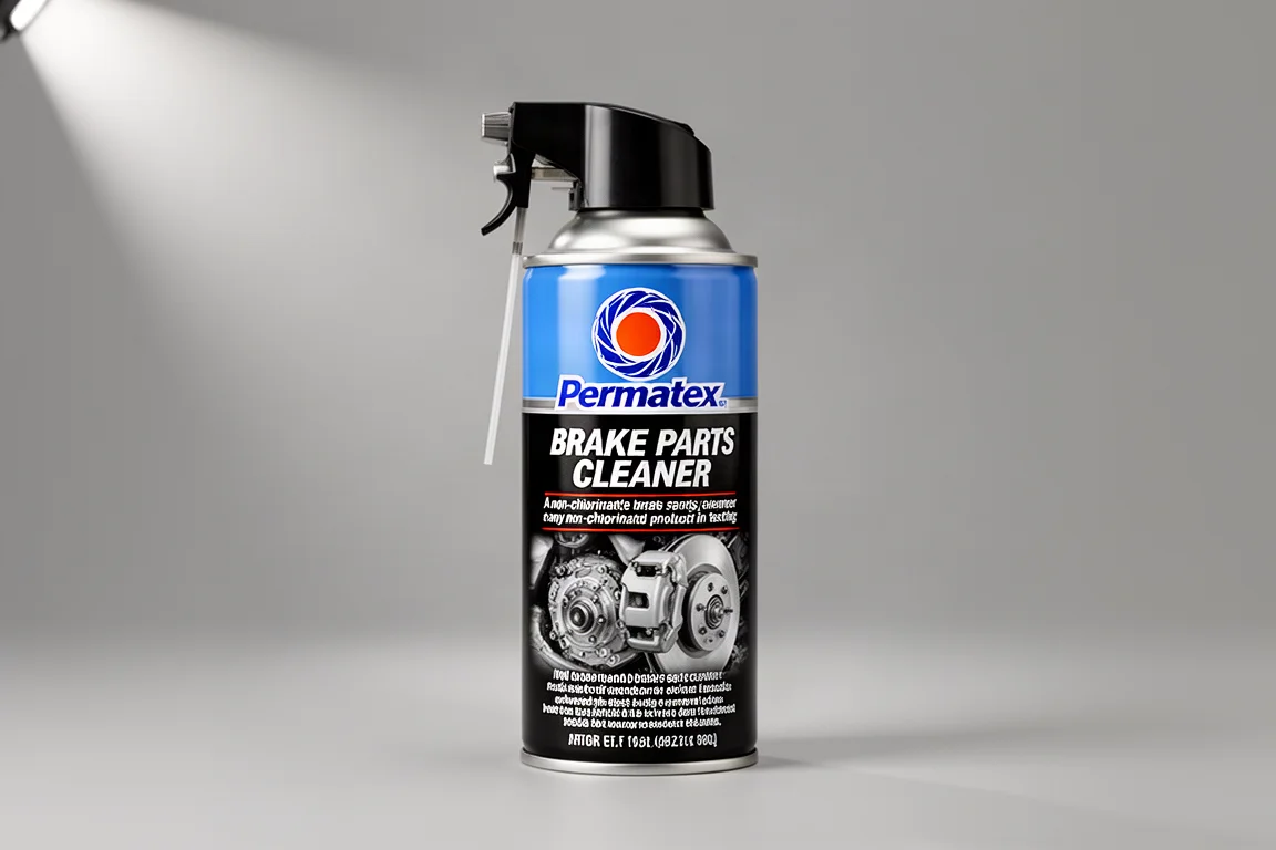 Fourteen aerosol brake parts cleaner cans arranged on a concrete workbench with a steel test plate