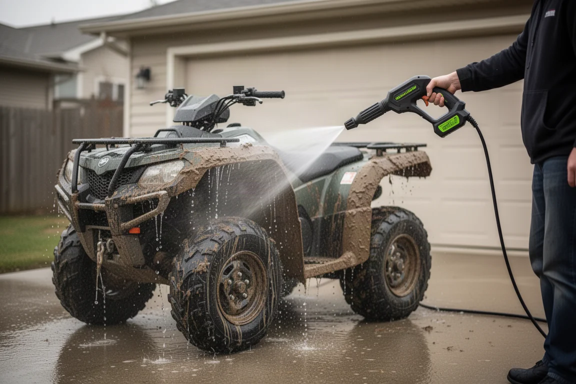 Idropulitrice che spruzza un ATV fangoso nel vialetto di una casa