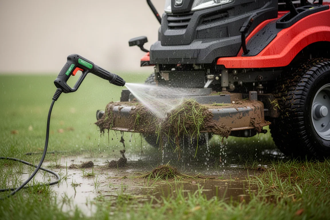 Idropulitrice che pulisce il piatto fangoso di un rasaerba