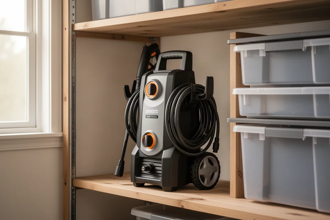 Idropulitrice compatta riposta in ordine su una mensola del garage
