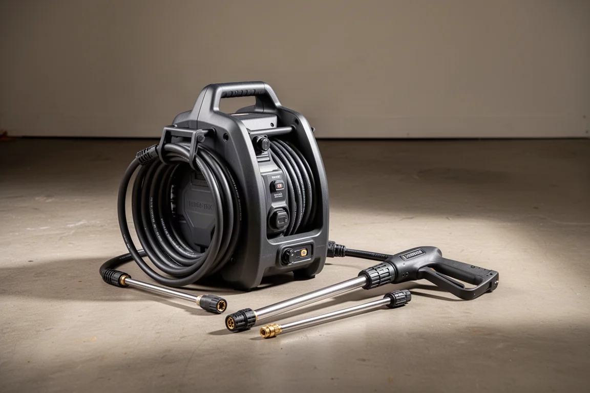 Compact electric pressure washer with hose and spray wand on a concrete garage floor