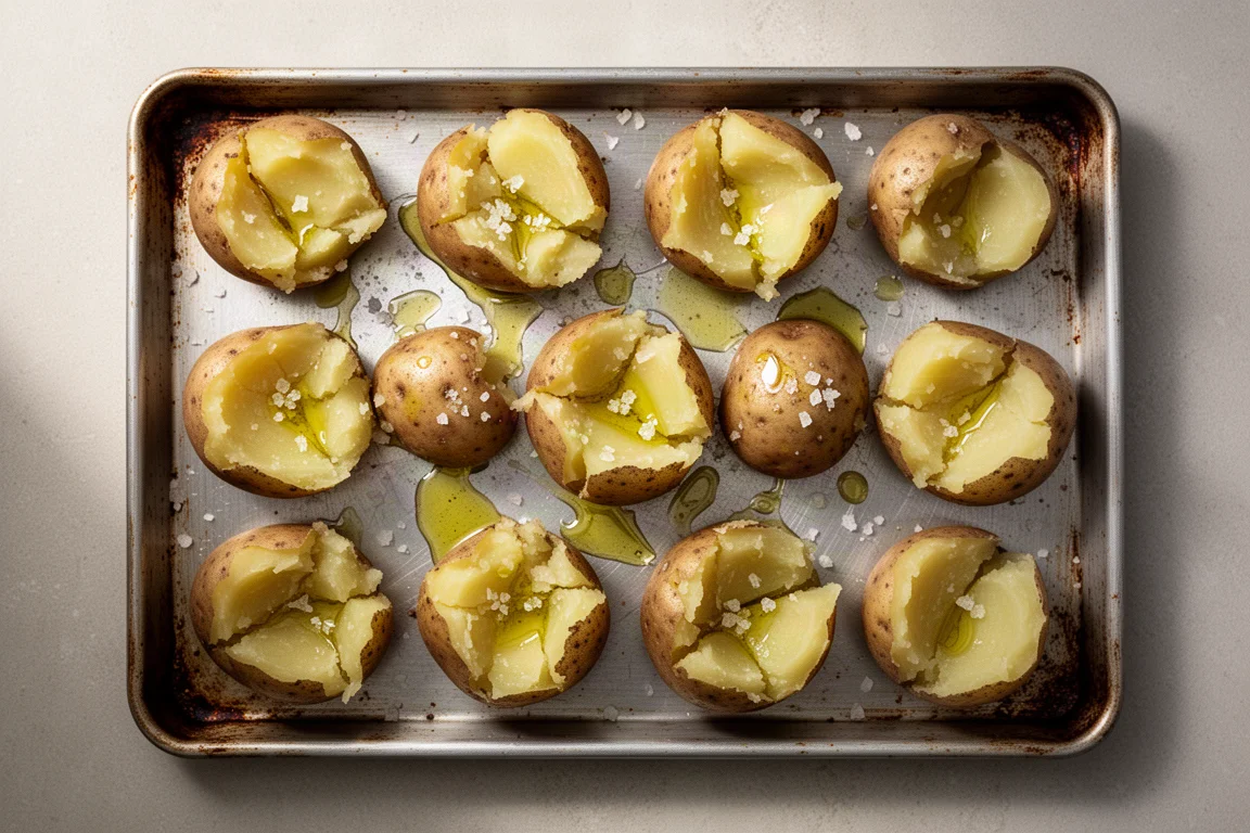 Smashed crispy potatoes on a baking sheet drizzled with olive oil before roasting