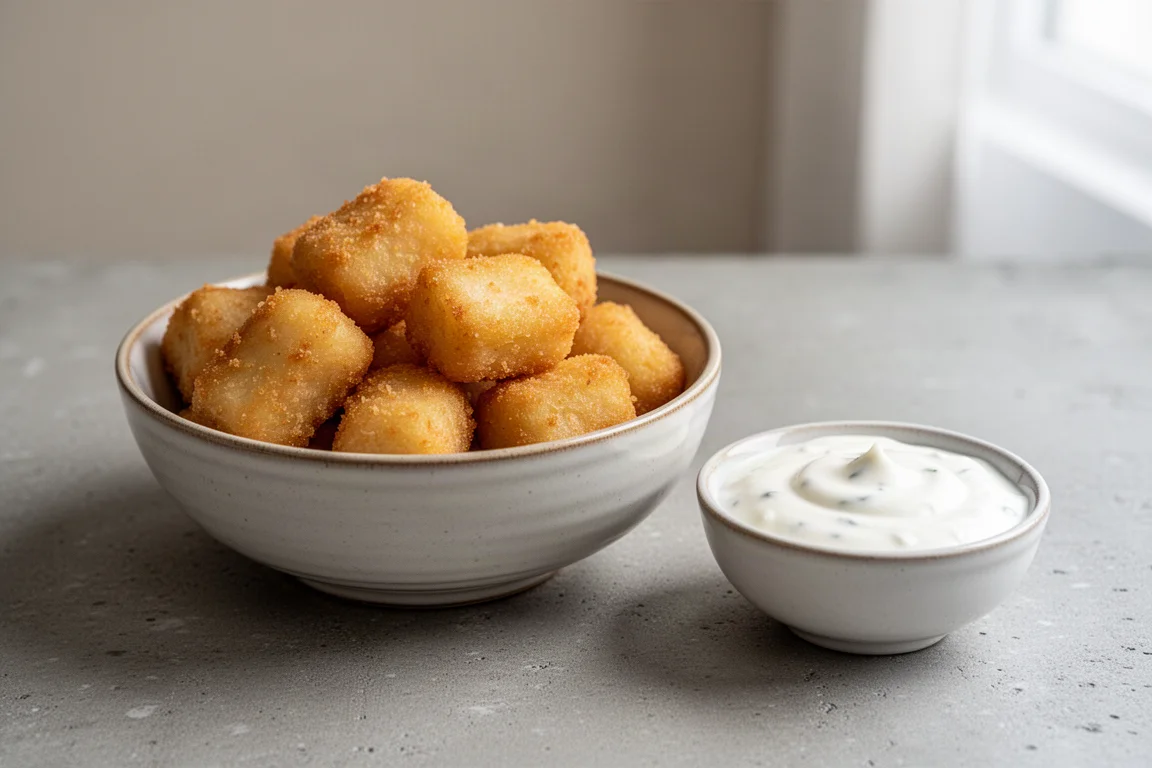 Crispy fried halloumi nuggets piled in a bowl with yogurt dipping sauce