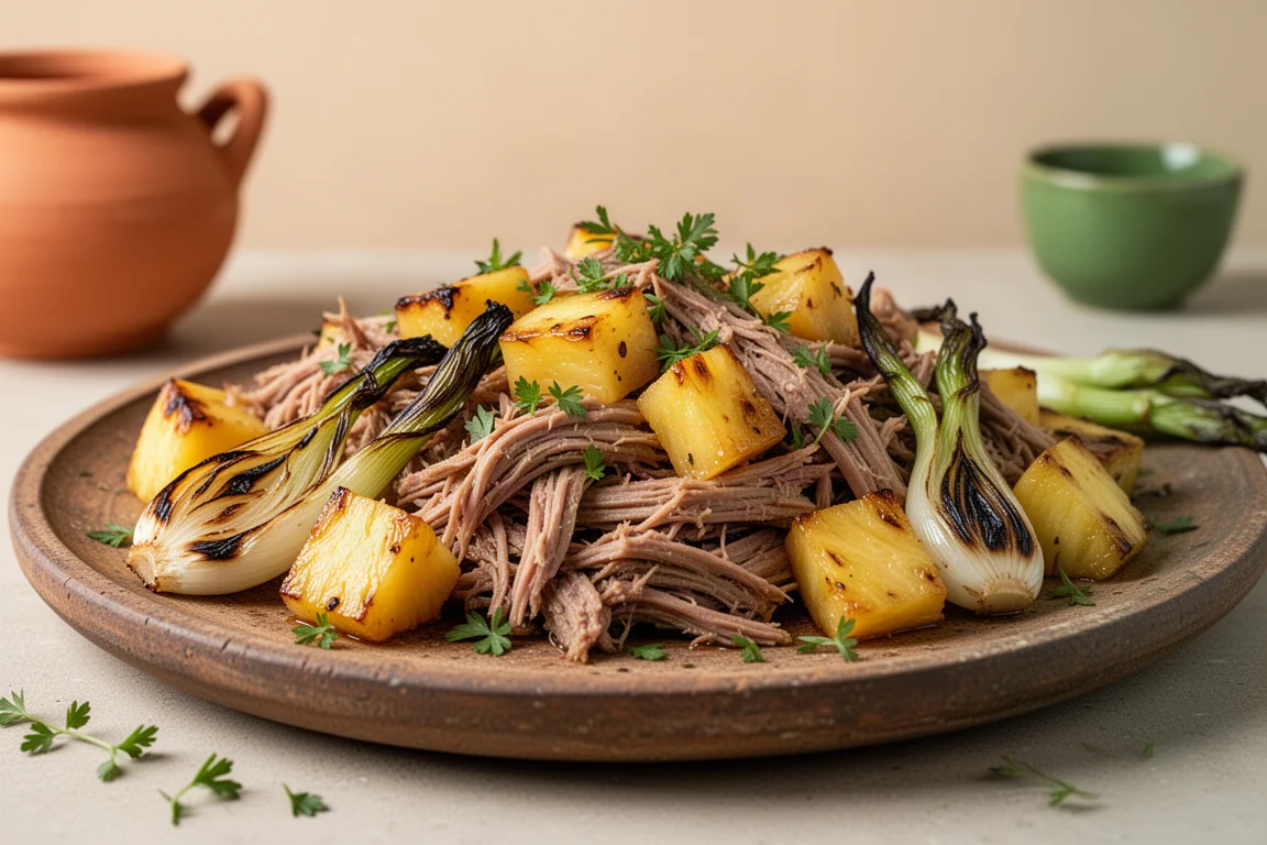 Slow-cooked spiced pork with charred scallions and pineapple on a platter