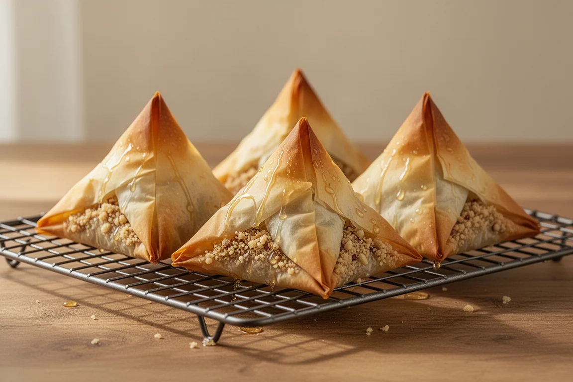 Golden pyramid-shaped cashew baklava pastries on a wire cooling rack