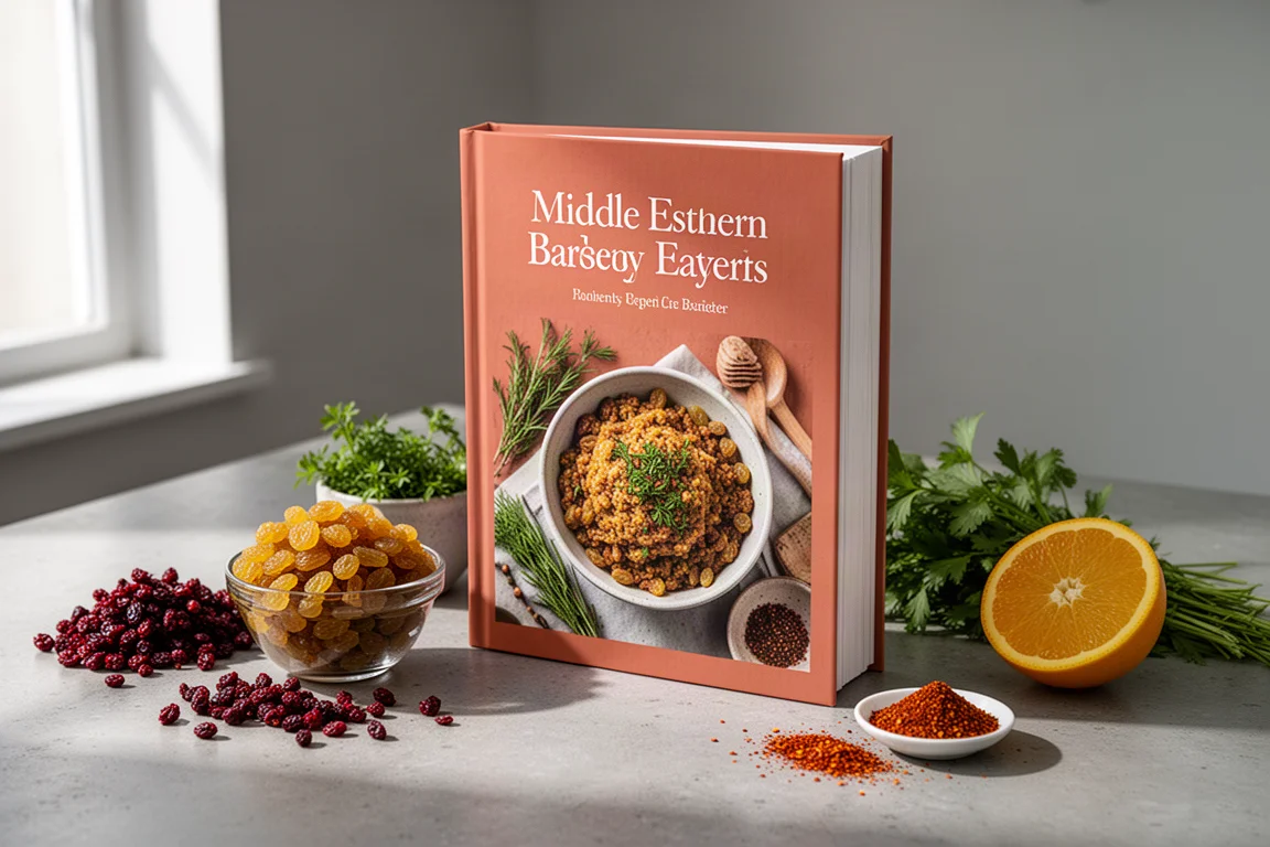 Hardcover cookbook on a counter surrounded by Middle Eastern spices and ingredients