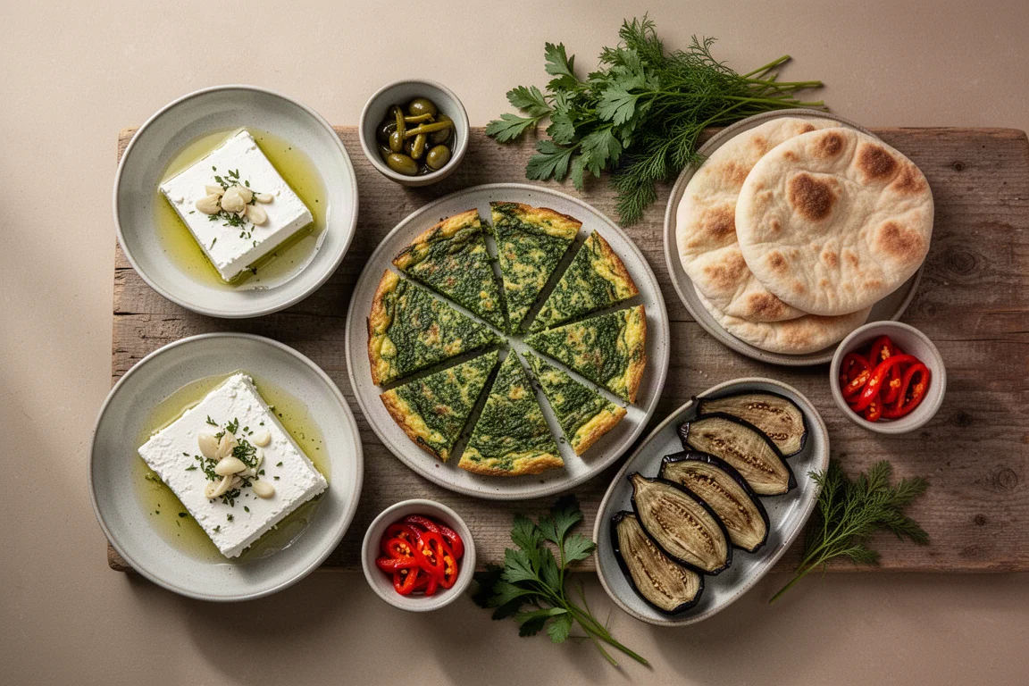 Tisch mit kleinen Mezze-Tellern, Brot und Kräutern im weichen Tageslicht