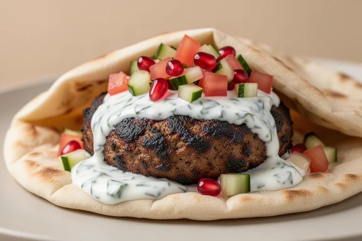 Angegrillte Lamm-Kebab-Frikadellen im Fladenbrot mit Joghurtsauce und Salat