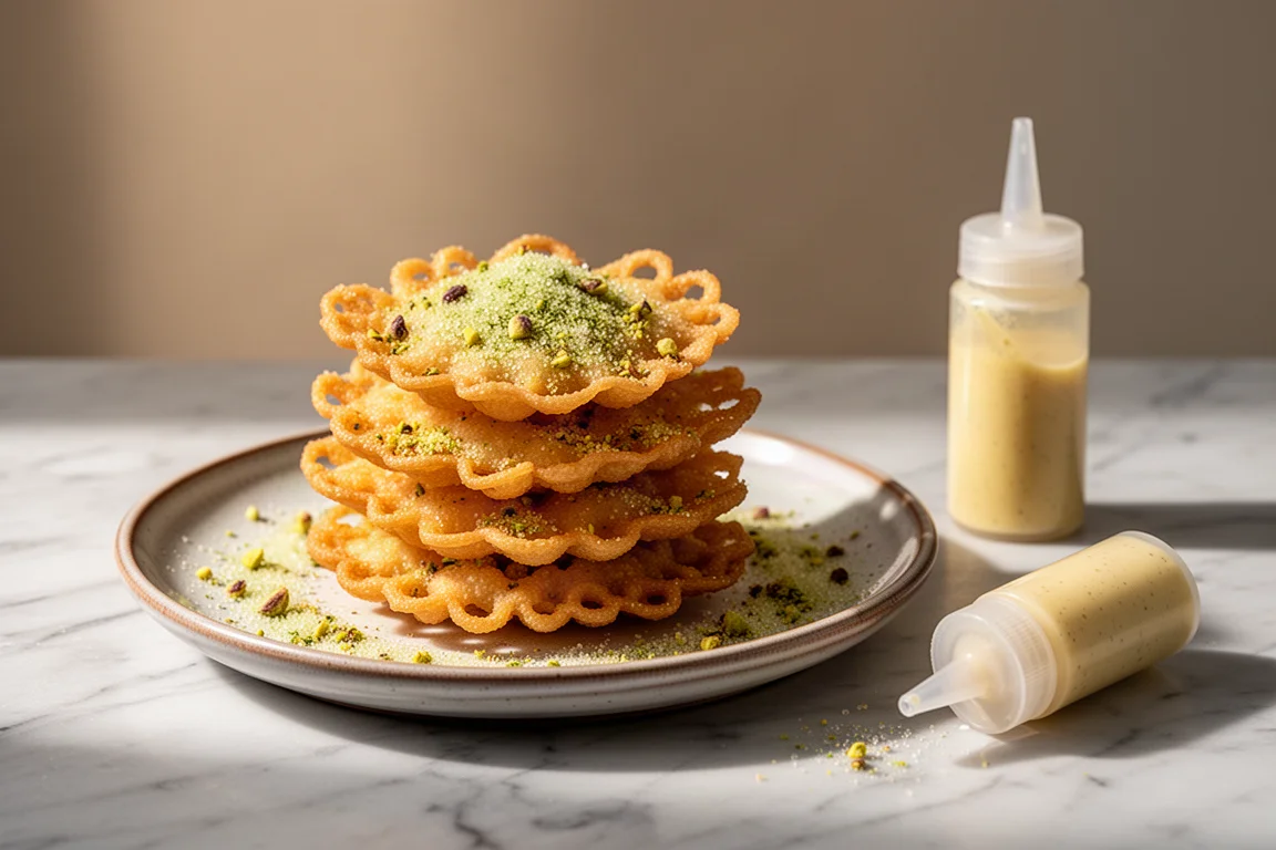 Goldgelbe knusprige Krapfen mit Pistazie und grünem Zucker bestäubt auf einem Teller