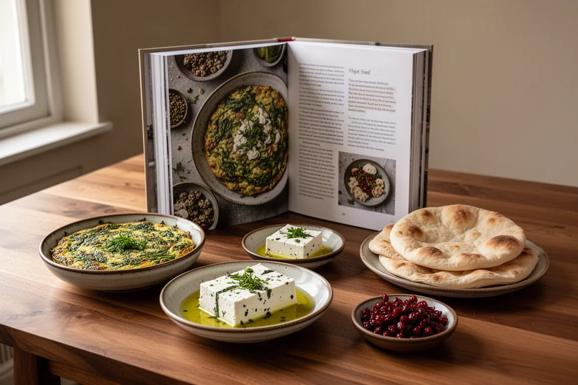 Open cookbook surrounded by Persian mezze plates, flatbread, and barberries on a wood table