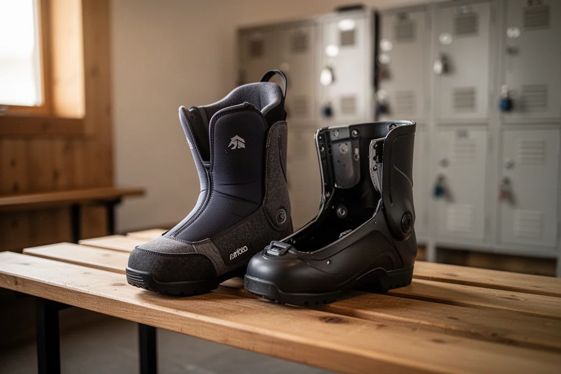 Innenschuh eines Skischuhs liegt neben seiner Außenschale auf einer Holzbank in der Lodge
