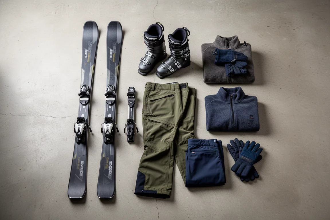 Aufgenommen von oben: Ski, Schuhe, Snowboardhose, Fleece und Handschuhe auf Beton