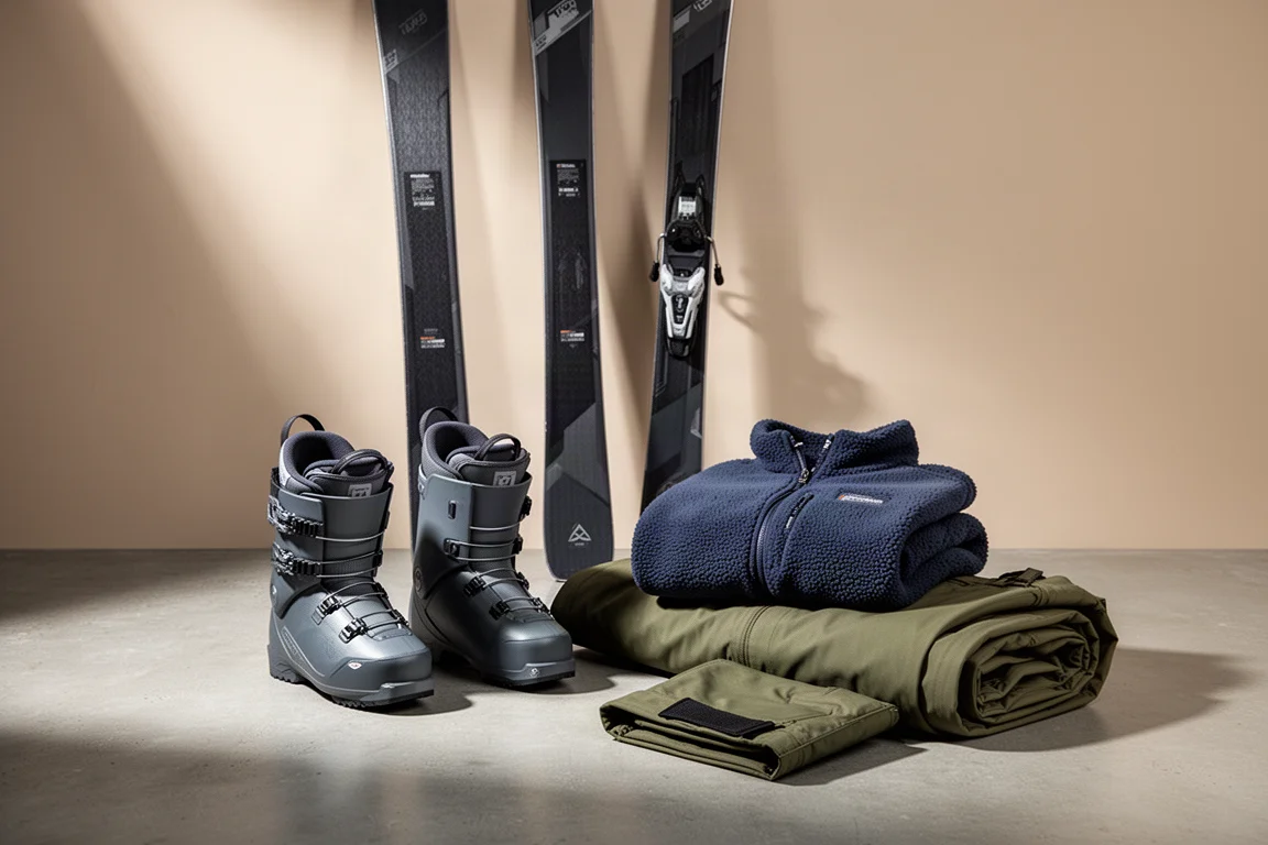 Ski gear group shot with skis, boots, fleece and bib snow pants on concrete