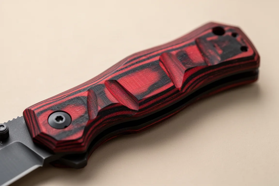 Manico di coltello in G10 rosso e nero sagomato con visibile texture di lavorazione