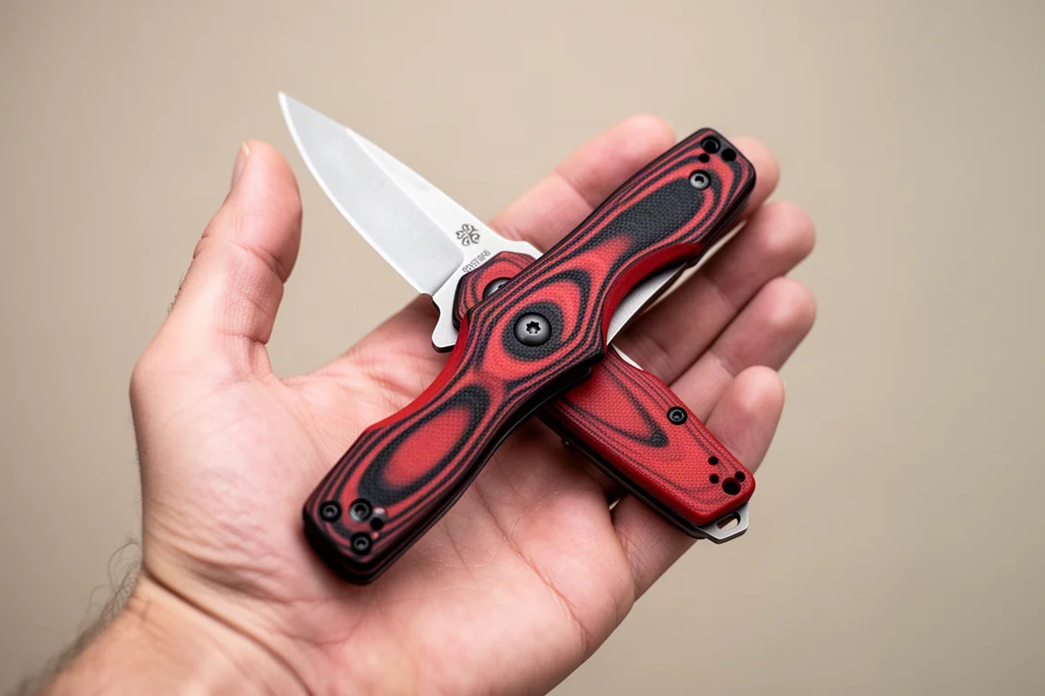 Coltello chiudibile impugnato con presa a quattro dita su una superficie neutra