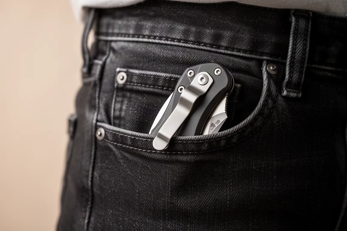 Molla da tasca deep carry su un coltello chiudibile in una tasca di jeans