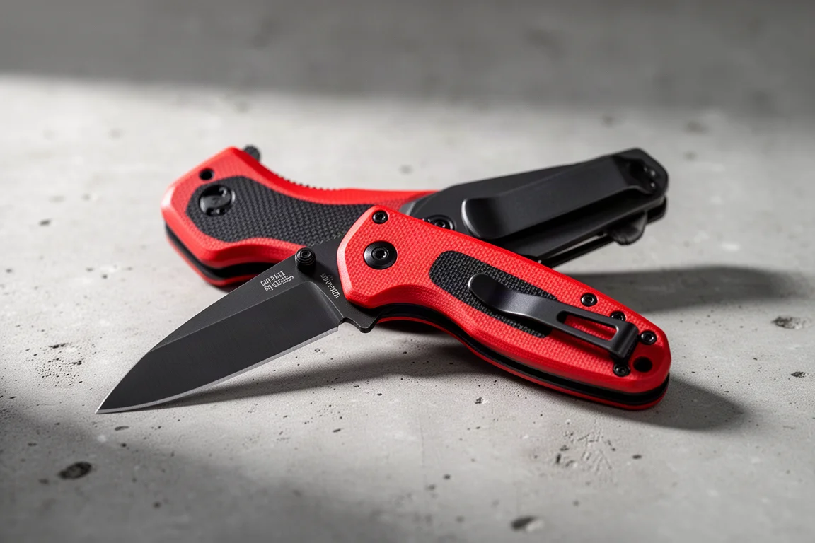 Compact folding knife with contoured red and black G10 handle on concrete