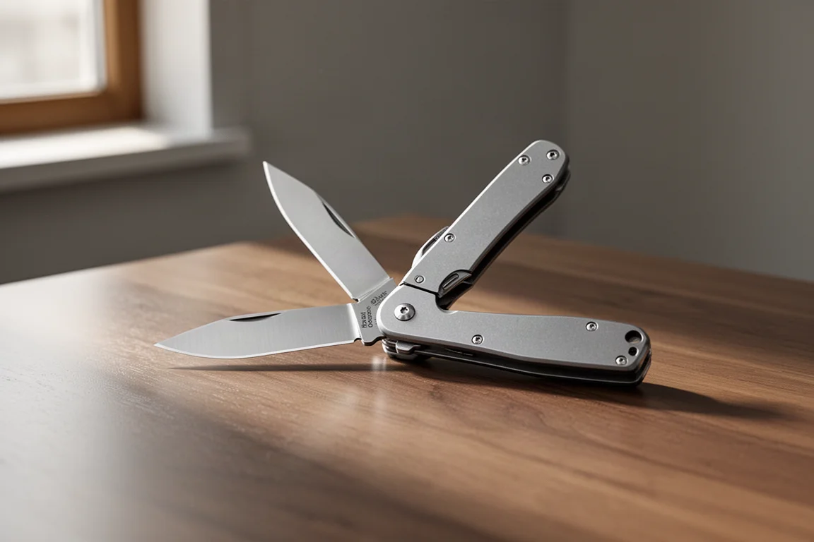 Taschenmesser halb geöffnet auf einem Holzschreibtisch unter sanftem Fensterlicht