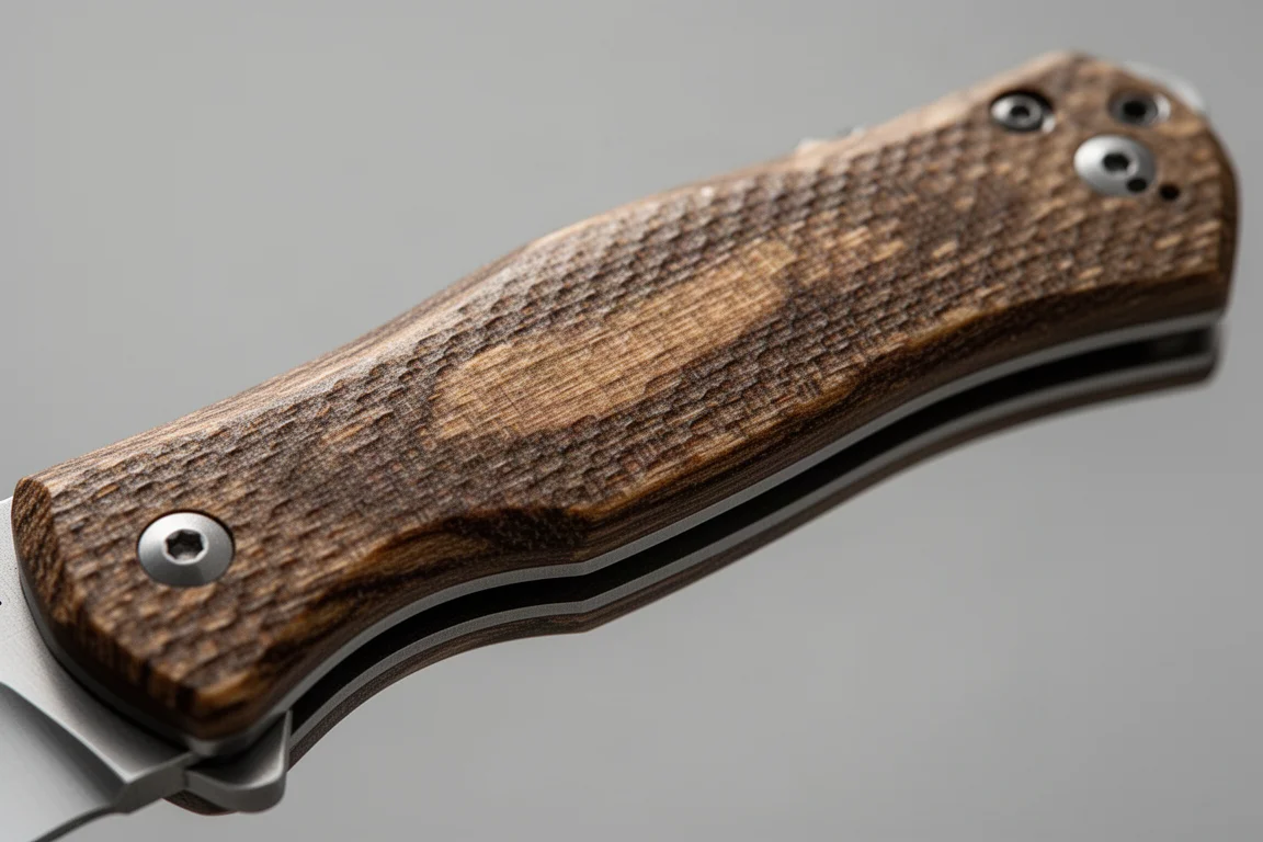 Nahaufnahme der konturierten Micarta-Griffschalen eines Klappmessers