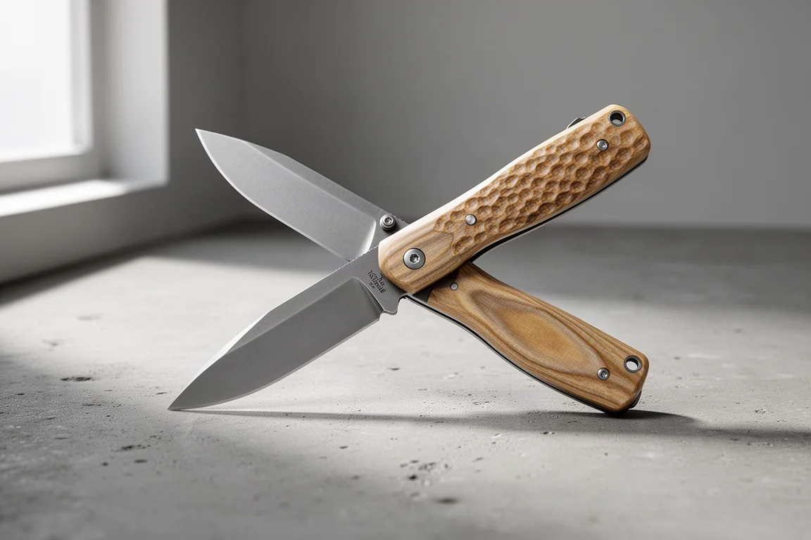 Petrified Fish Beluga folding knife half-open on a concrete surface