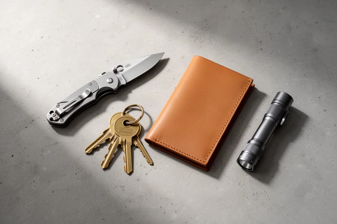Overhead flat lay of everyday carry items on a concrete surface