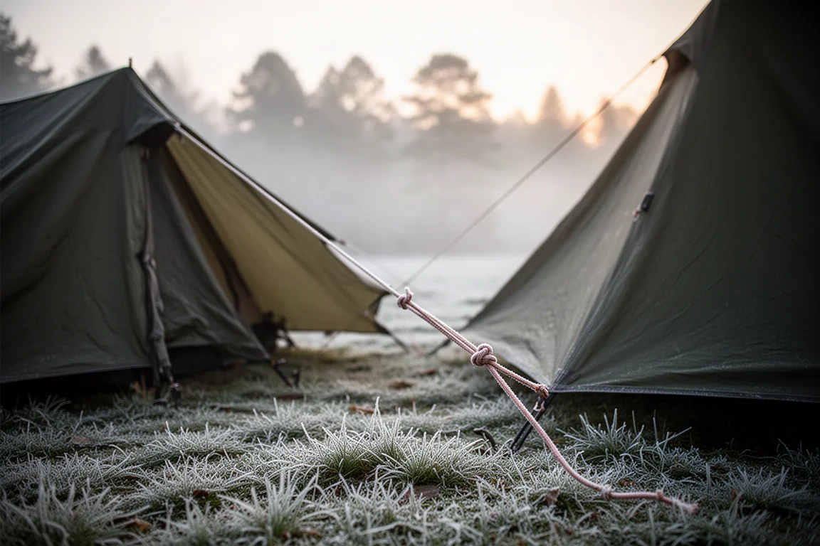 Cold morning campsite with a tent and a repaired guyline