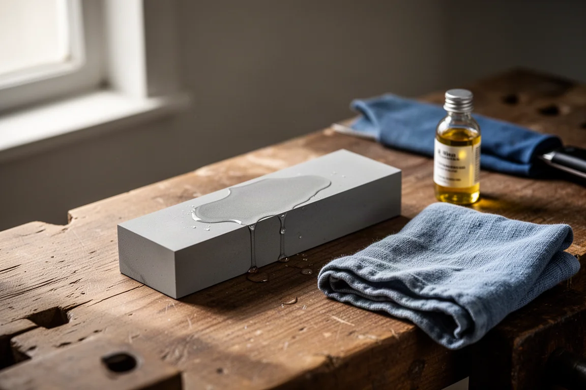 Sharpening stone with water sheen on a wooden workbench