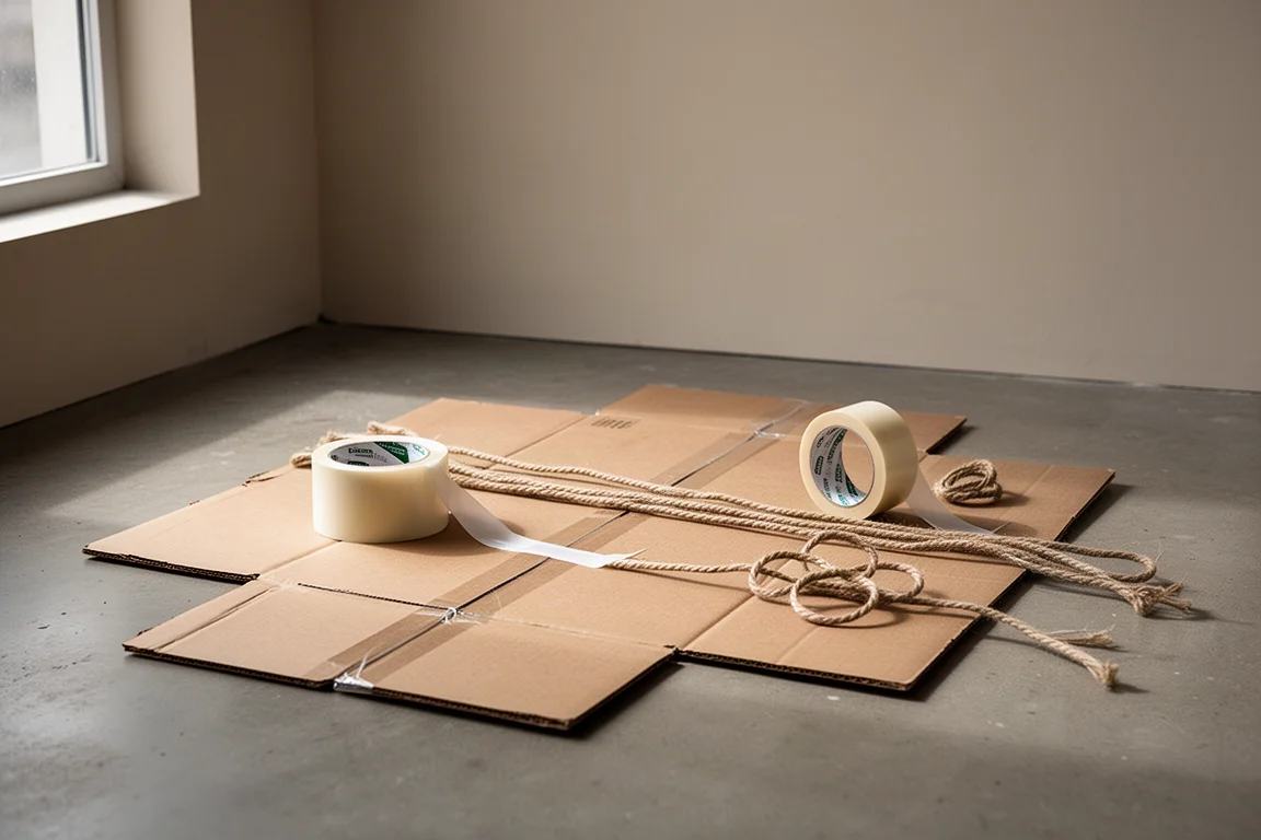 Cardboard boxes, tape, and cordage on a concrete workshop floor