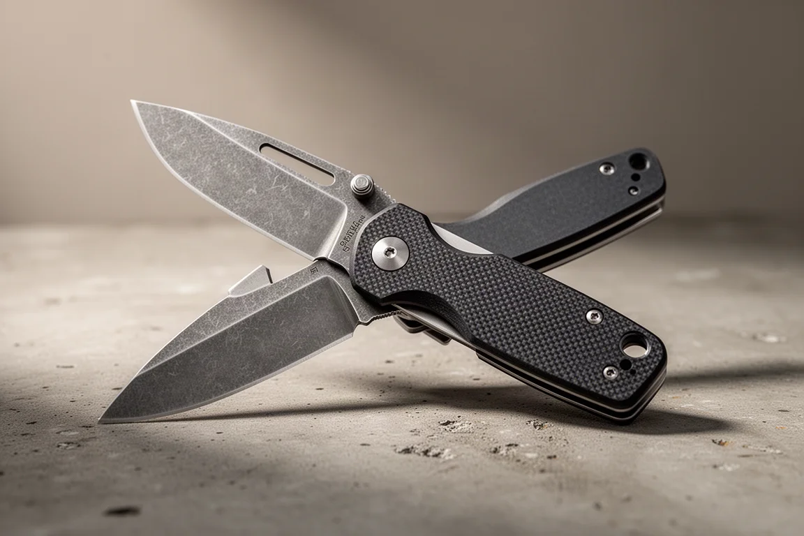 Compact folding pocket knife with dark G10 handle on a matte concrete surface