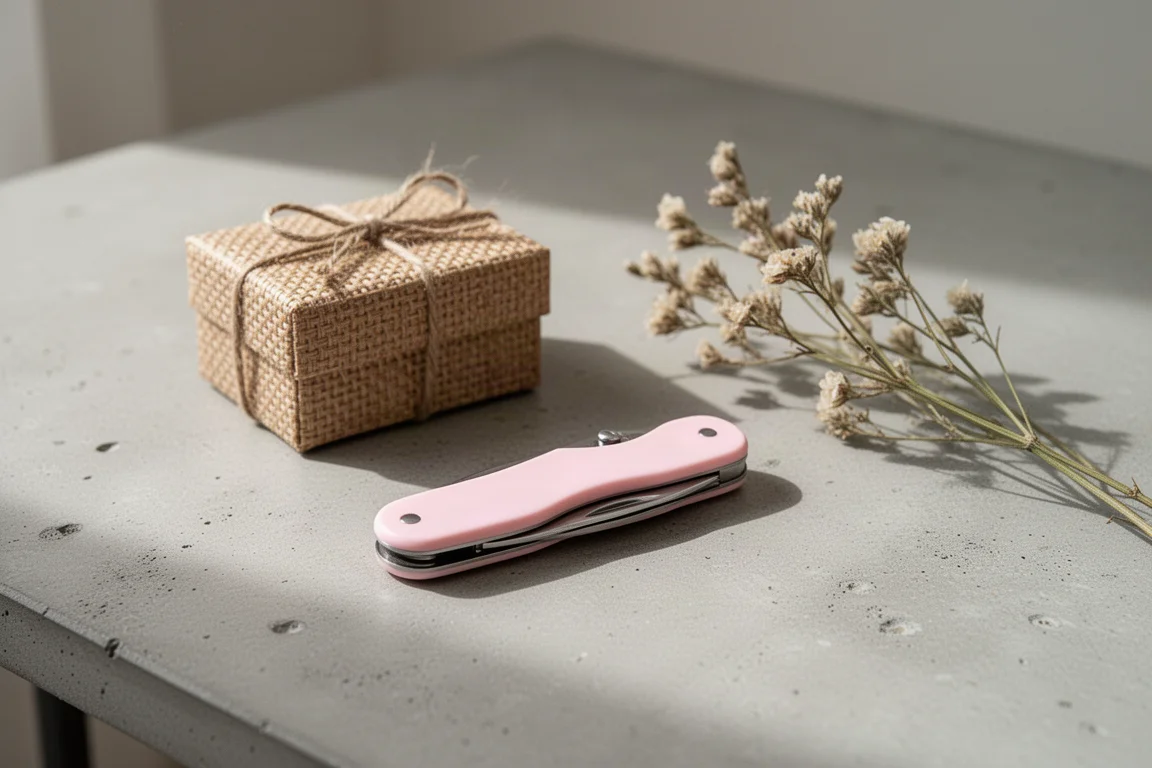 Piccolo coltello pieghevole dal manico rosa chiuso su una scrivania di calcestruzzo chiaro