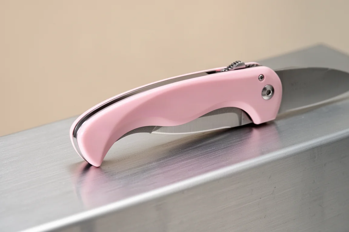 Impugnatura curva ergonomica di un coltello pieghevole appoggiato su una superficie metallica spazzolata