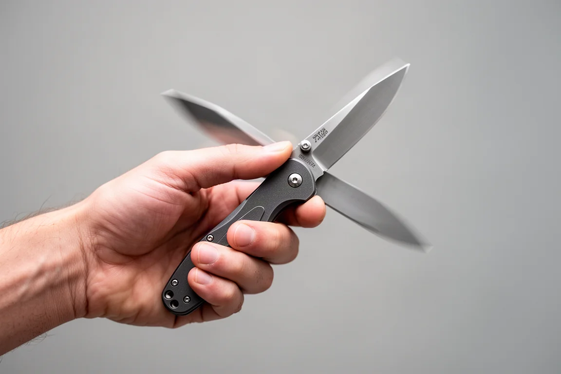 Hand klappt ein Taschenmesser mit geschmeidiger Action vor neutralem Hintergrund auf