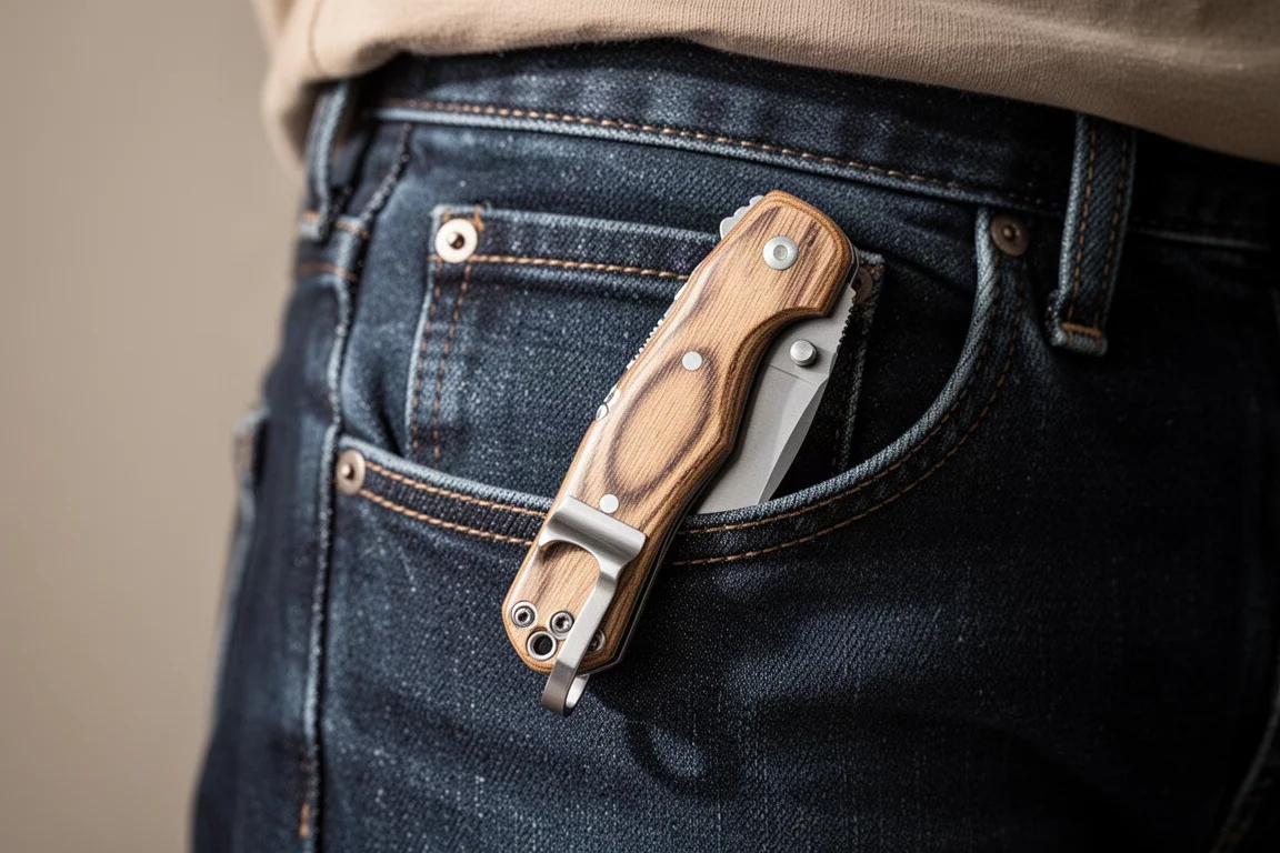Klappmesser mit Micarta-Schalen in der Jeanshosentasche geclippt